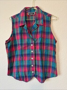 Vintage Classic Madras Plaid Sleeveless Button-Down Top in Magenta & Teal Sz M